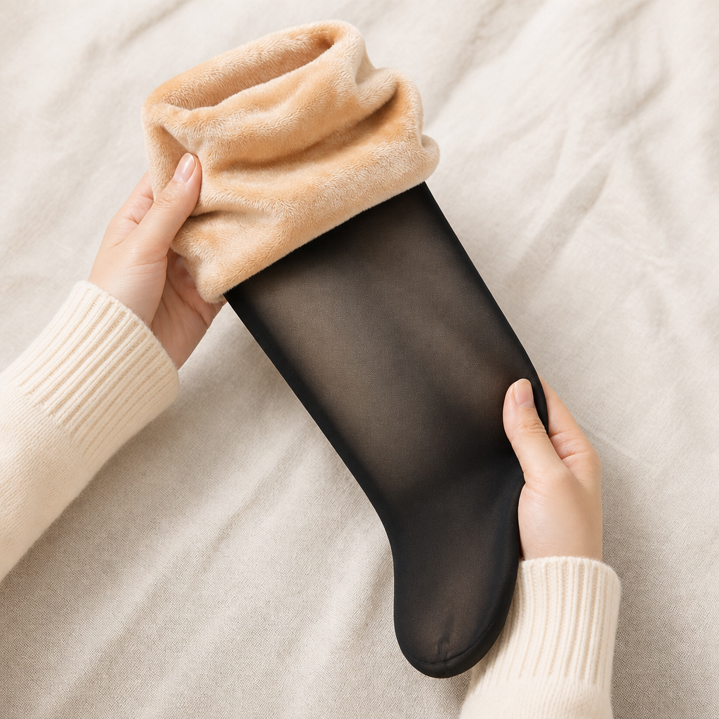 Sheer-Look Fleece-Lined Tights, Black, Footed