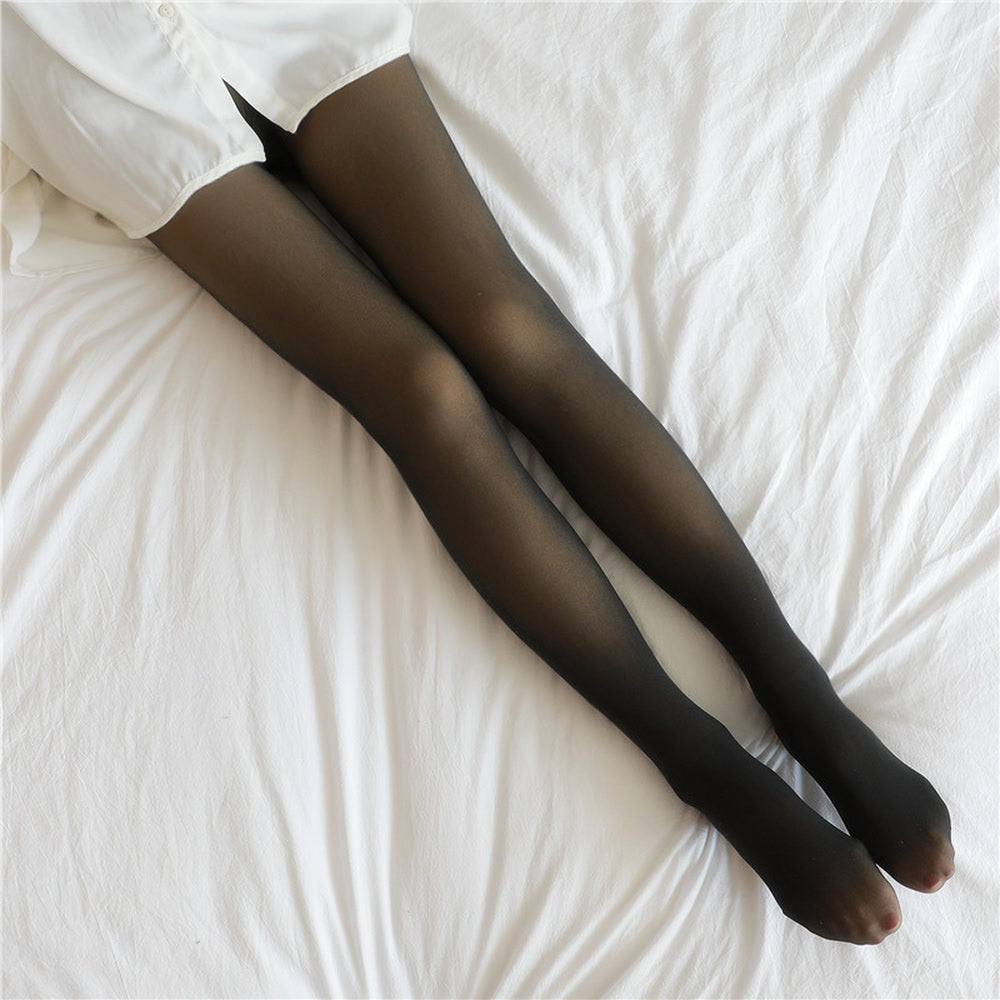 Sheer-Look Fleece-Lined Tights, Black, Footed